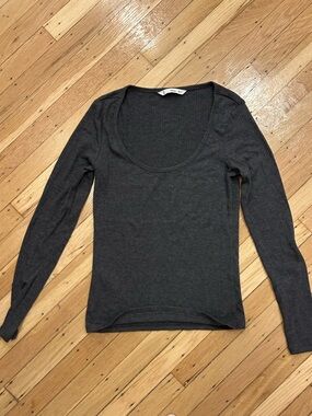MANGO Dark Gray Ribbed Scoop Neck Long Sleeve Top